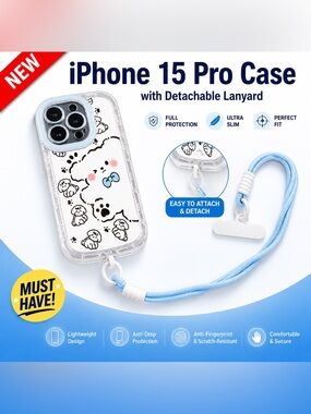 NEW iPhone 15 Pro Clear Puppy Case w/ Detachable Blue Lanyard Cute Shockproof